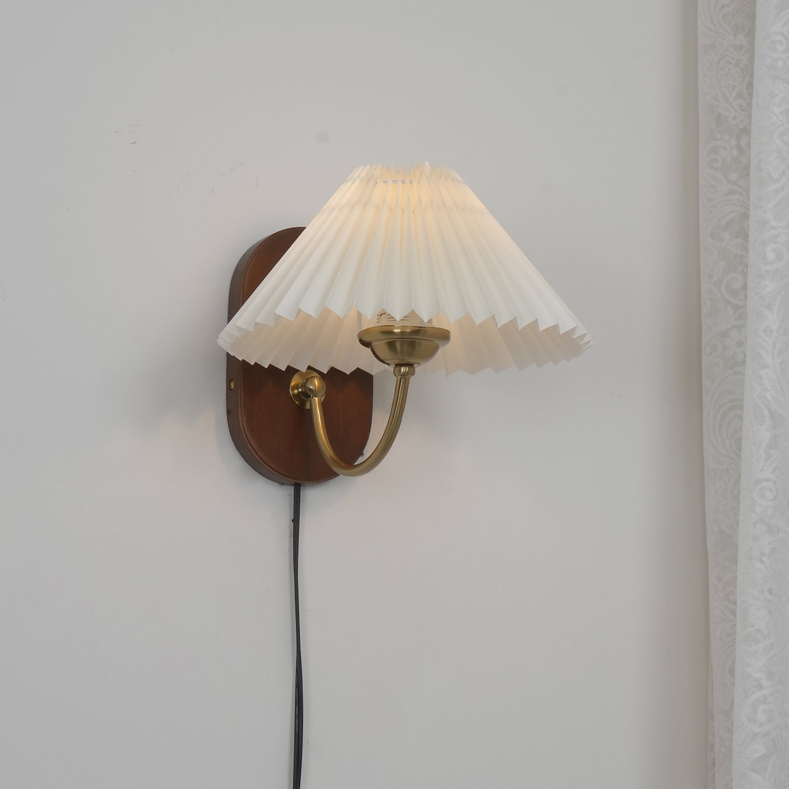 Pleated Shade Plug-In Wall Sconce with Wood Backplate and Brass Arm