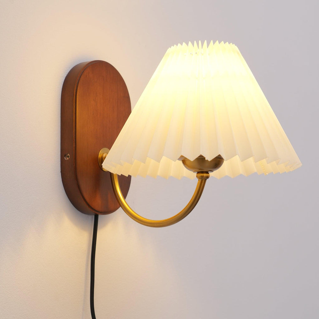 Pleated Shade Plug-In Wall Sconce with Wood Backplate and Brass Arm