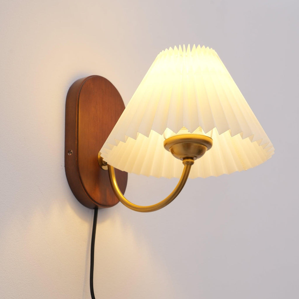 Pleated Shade Plug-In Wall Sconce with Wood Backplate and Brass Arm