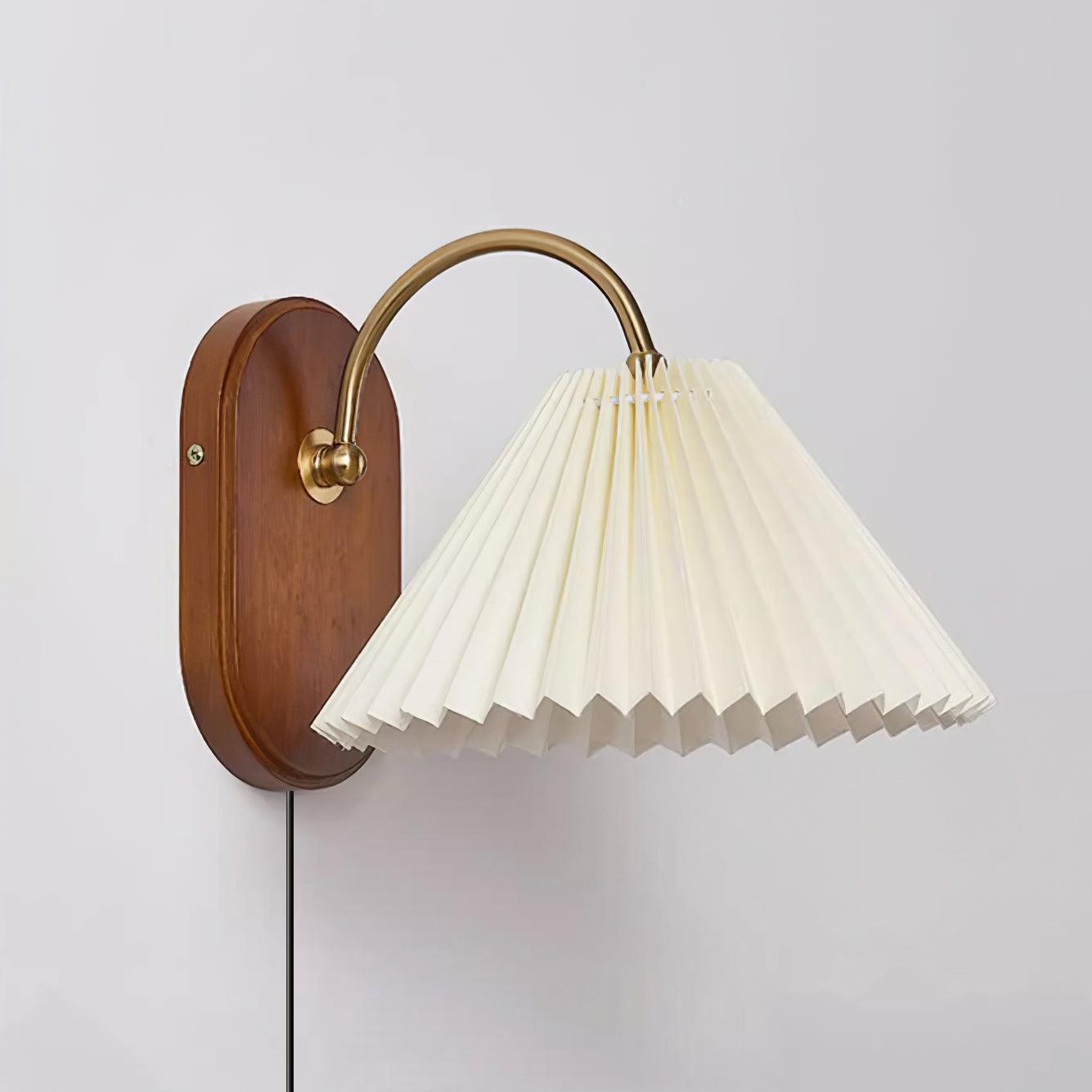 Pleated Shade Plug-In Wall Sconce with Wood Backplate and Brass Arm