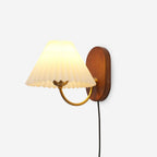 Pleated Shade Plug-In Wall Sconce with Wood Backplate and Brass Arm