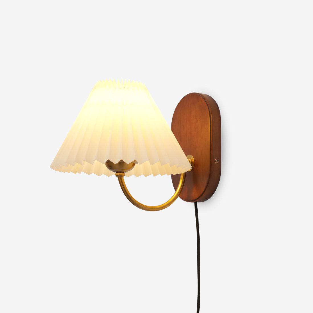 Pleated Shade Plug-In Wall Sconce with Wood Backplate and Brass Arm