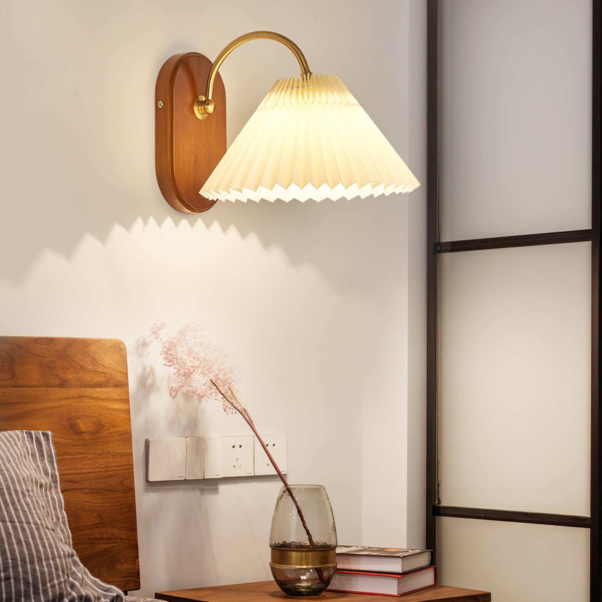 Pleated Shade Plug-In Wall Sconce with Wood Backplate and Brass Arm