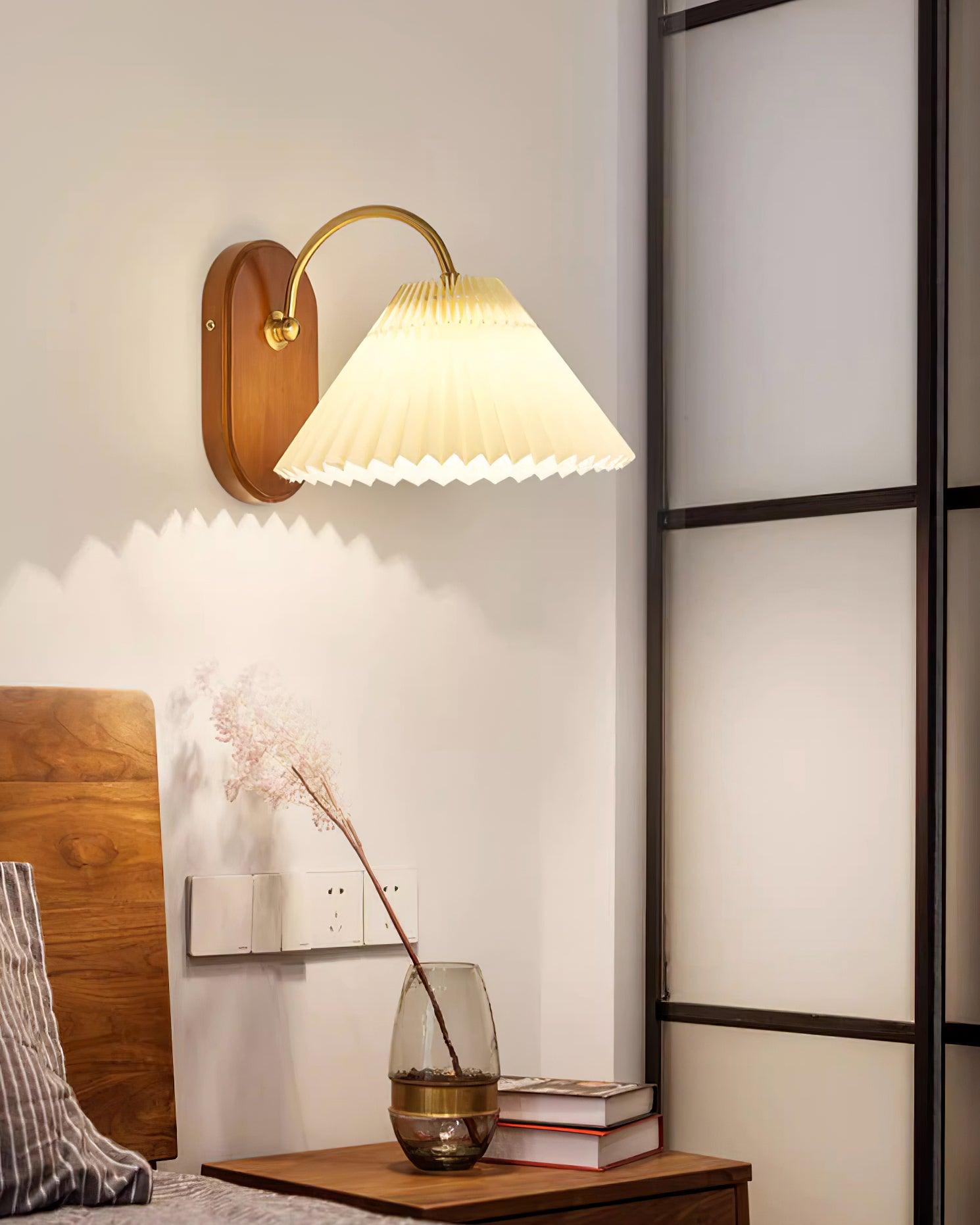 Pleated Shade Plug-In Wall Sconce with Wood Backplate and Brass Arm