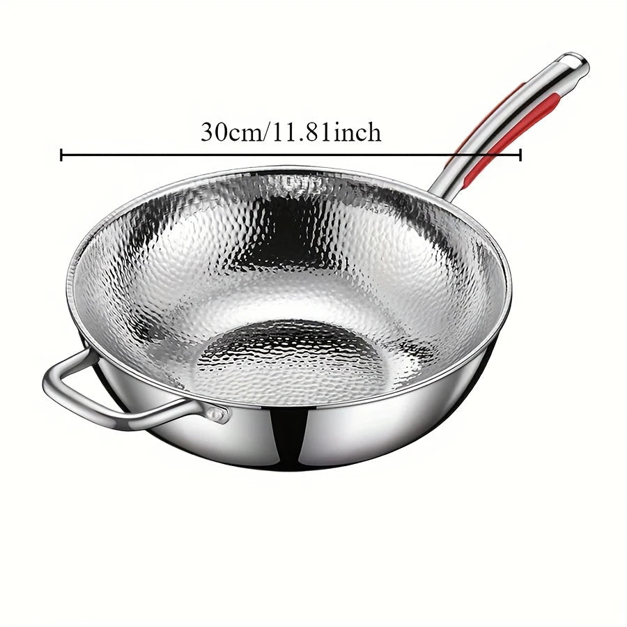 Hammered Stainless Steel Wok Round Bottom Stir Fry Pan with Tri-Ply Construction Induction Compatible Wok with Optional Glass Lid