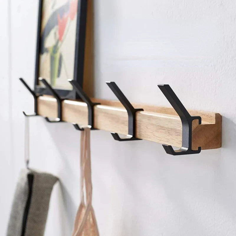 Wall Mounted Coat Rack with Movable Hooks Scandinavian Wood and Aluminum Coat Hook Rail for Entryway Hallway and Bedroom