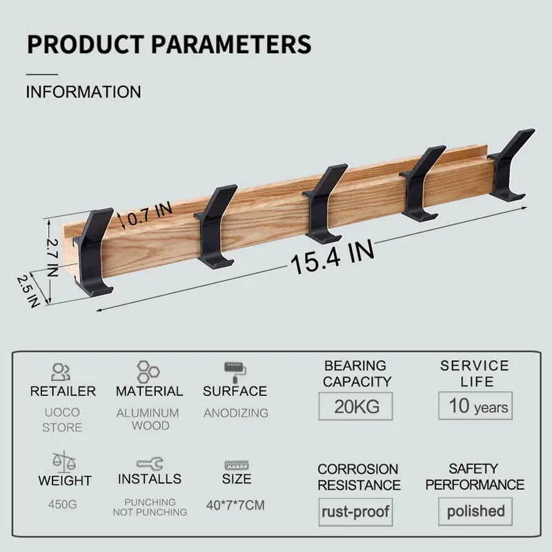 Wall Mounted Coat Rack with Movable Hooks Scandinavian Wood and Aluminum Coat Hook Rail for Entryway Hallway and Bedroom
