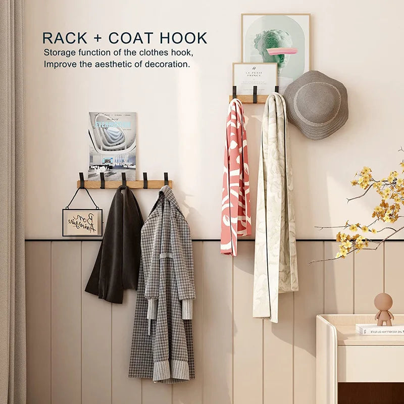 Wall Mounted Coat Rack with Movable Hooks Scandinavian Wood and Aluminum Coat Hook Rail for Entryway Hallway and Bedroom