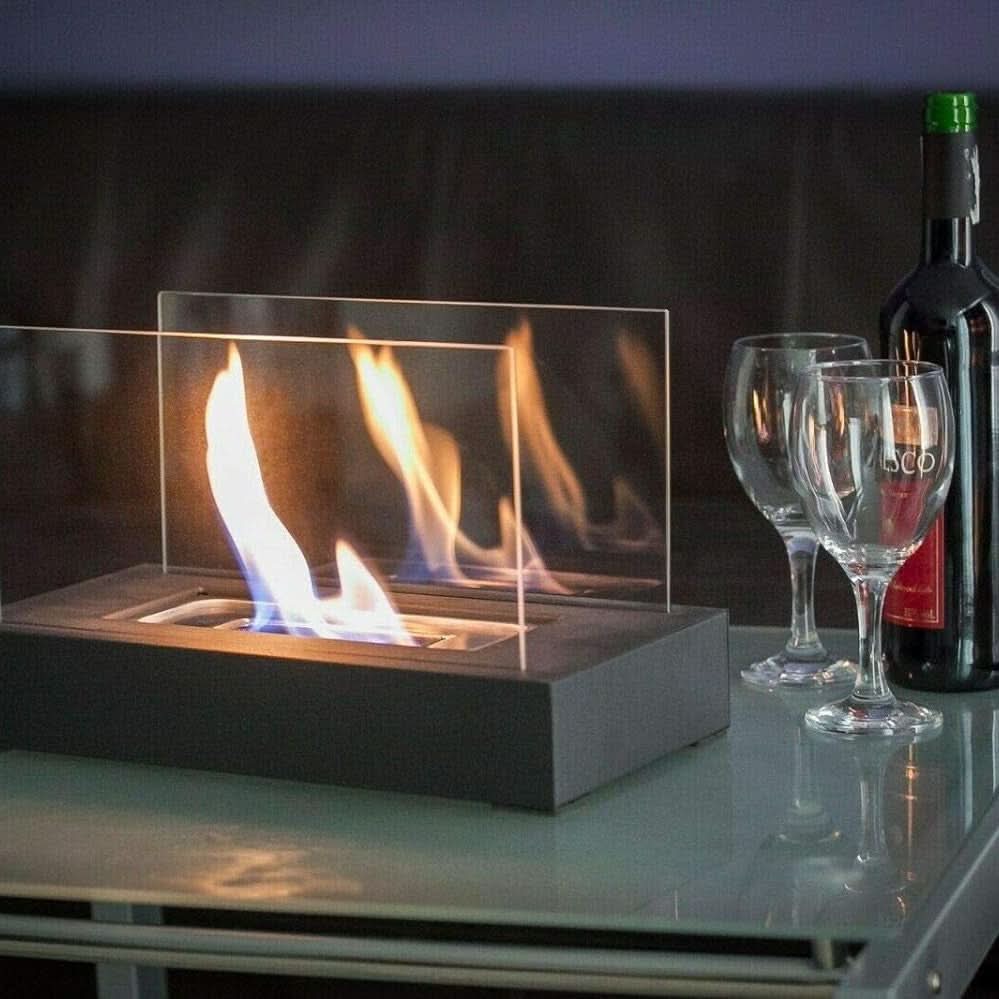 Portable Bioethanol Tabletop Fireplace with Tempered Glass Smokeless Indoor Outdoor Table Fire Pit