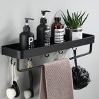 No Drill Bathroom Shelf Adhesive Aluminum Shower Caddy Wall Mounted Storage Rack Rustproof with Optional Towel Hooks