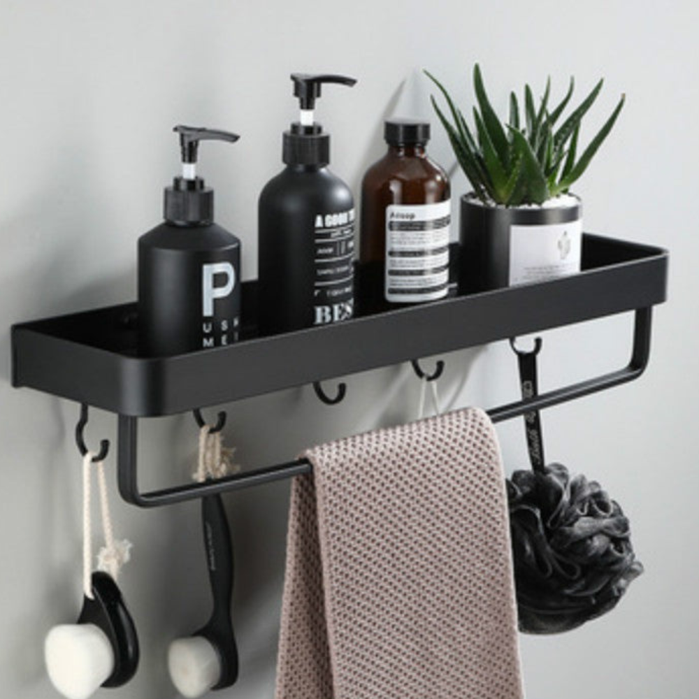 No Drill Bathroom Shelf Adhesive Aluminum Shower Caddy Wall Mounted Storage Rack Rustproof with Optional Towel Hooks