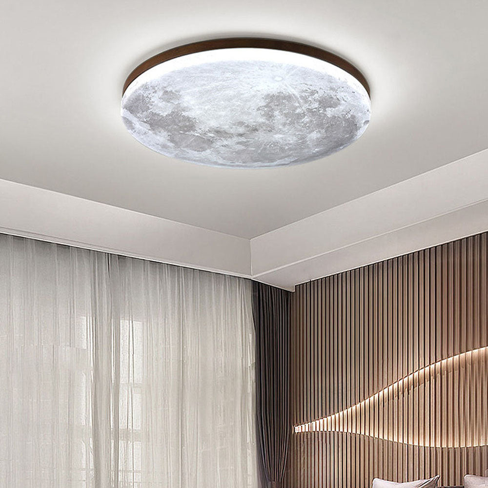 Moon Texture Flush Mount Ceiling Light with Wood Trim