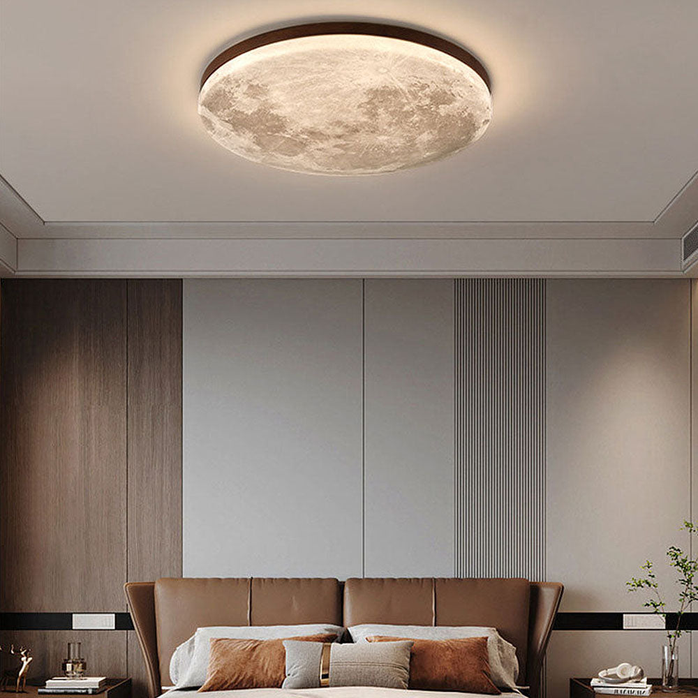 Moon Texture Flush Mount Ceiling Light with Wood Trim