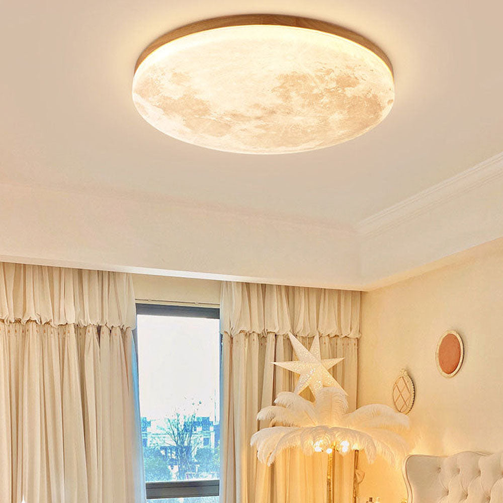 Moon Texture Flush Mount Ceiling Light with Wood Trim