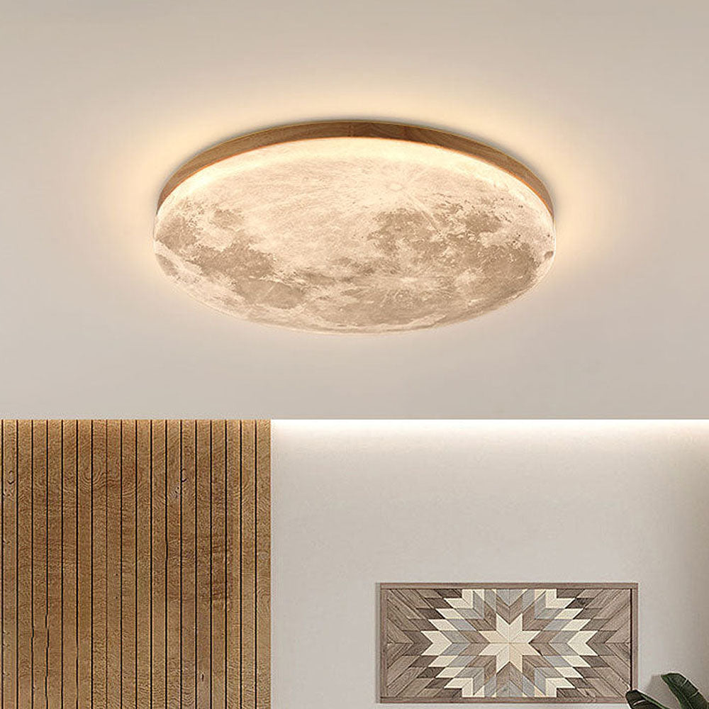 Moon Texture Flush Mount Ceiling Light with Wood Trim