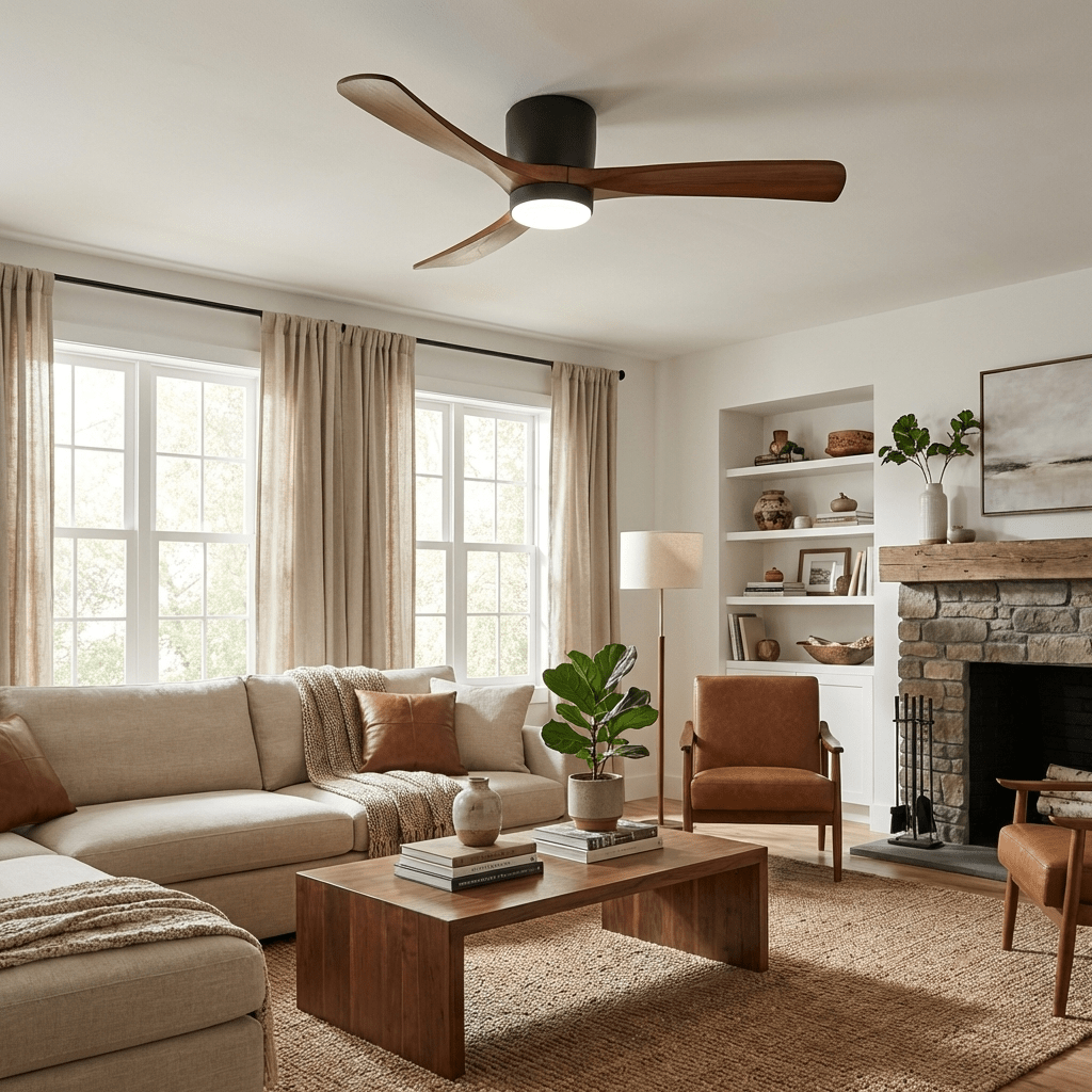 Modern Wooden Ceiling Fan with Remote Control and LED Light