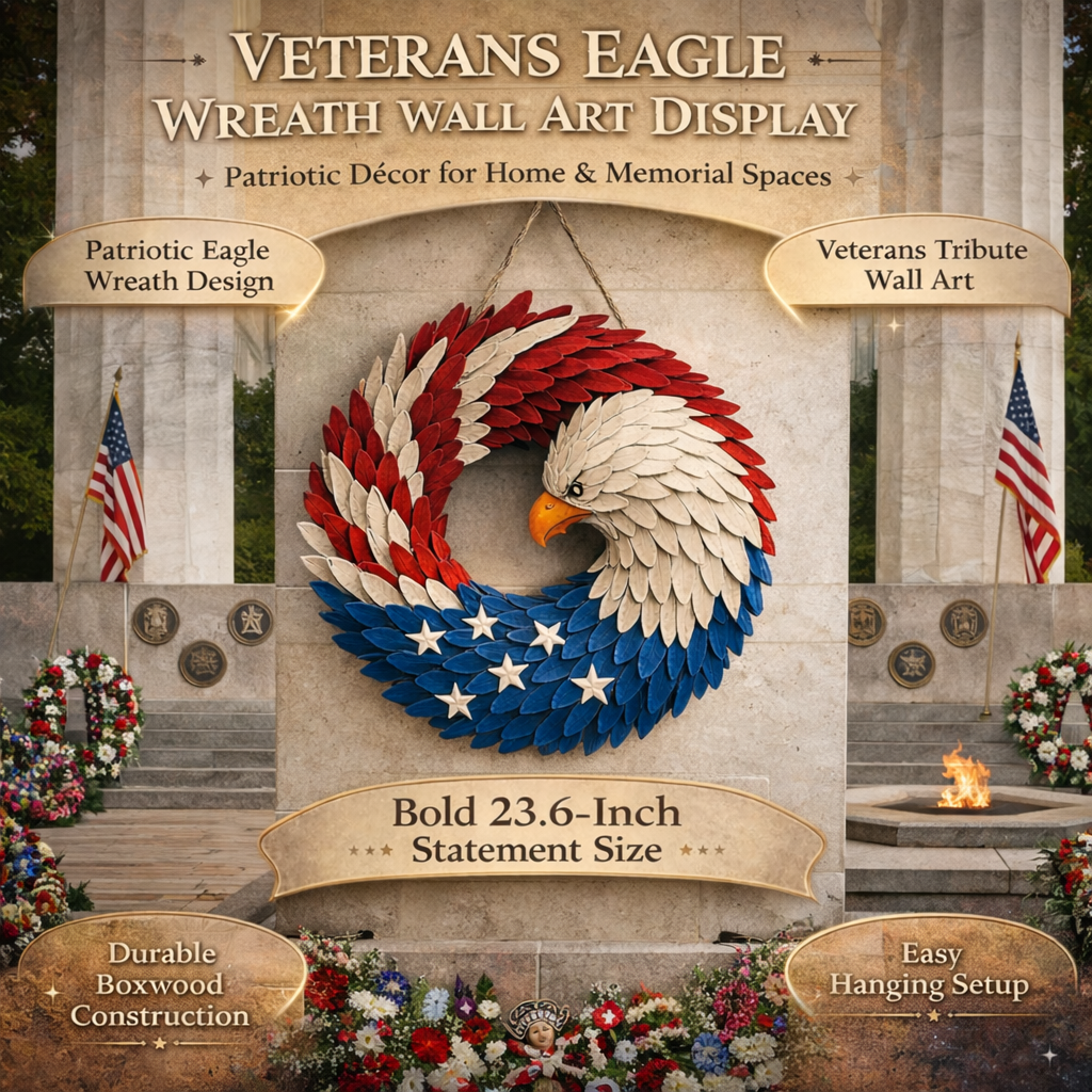 Patriotic Eagle Wreath Boxwood American Flag Wall Art Veterans Memorial Door Wreath Indoor Outdoor Hanging Decoration