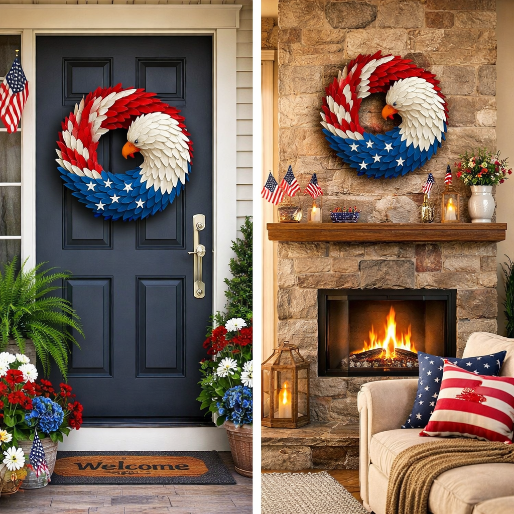 Patriotic Eagle Wreath Boxwood American Flag Wall Art Veterans Memorial Door Wreath Indoor Outdoor Hanging Decoration