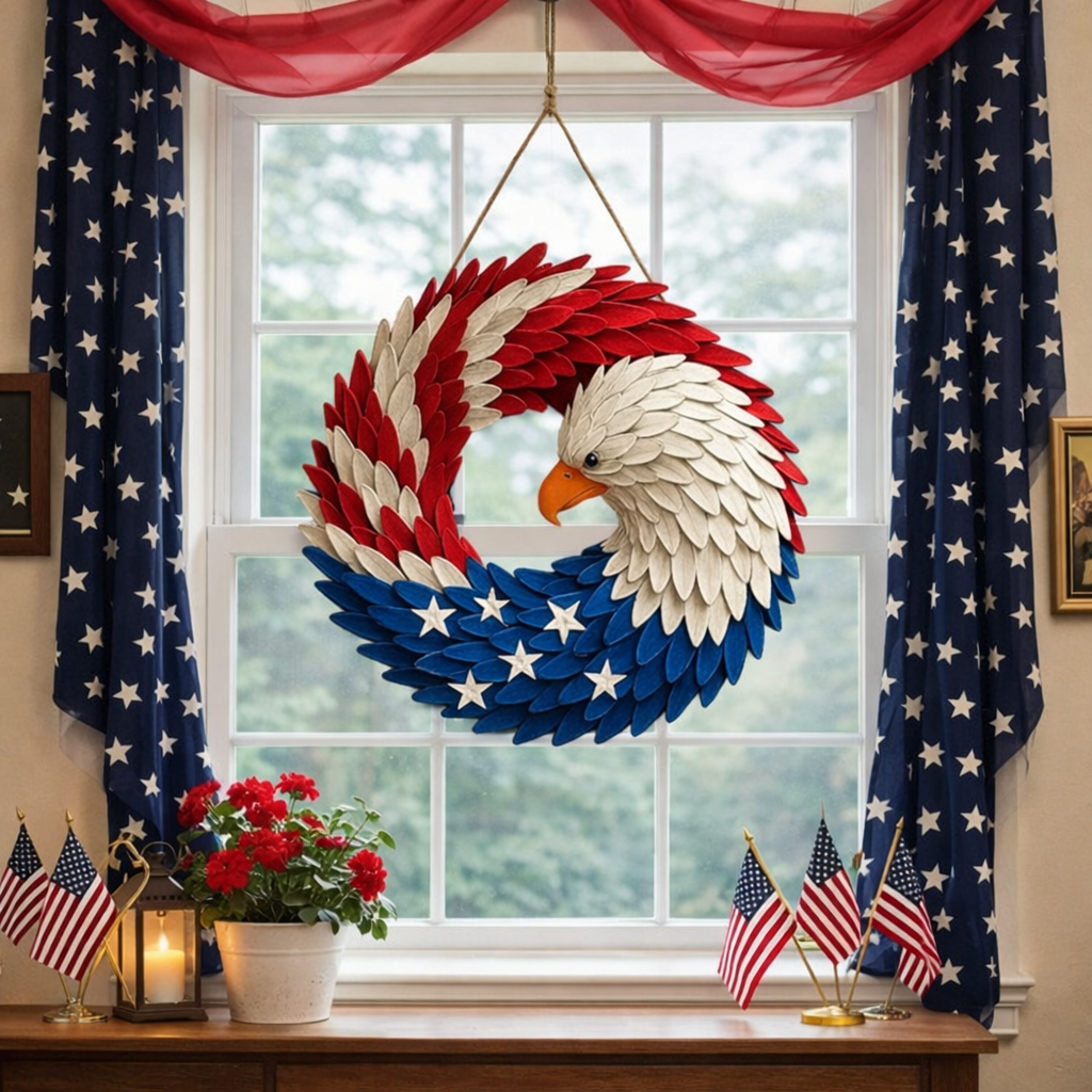 Patriotic Eagle Wreath Boxwood American Flag Wall Art Veterans Memorial Door Wreath Indoor Outdoor Hanging Decoration