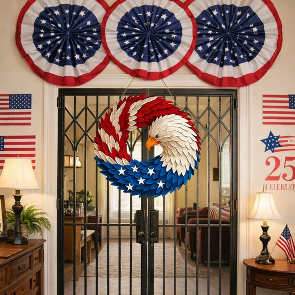 Patriotic Eagle Wreath Boxwood American Flag Wall Art Veterans Memorial Door Wreath Indoor Outdoor Hanging Decoration