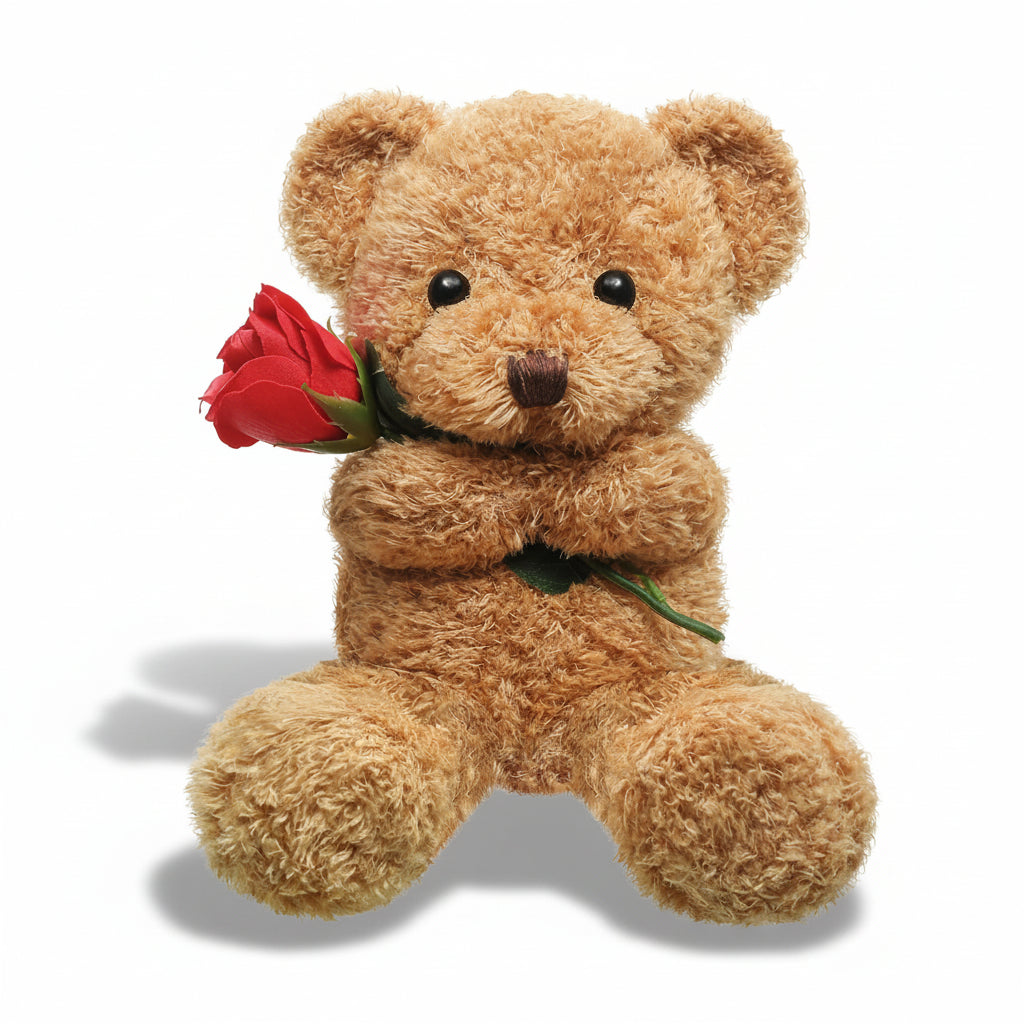 Plush Teddy Bear Holding Rose Soft Stuffed Animal Valentine's Day Gift Bear Washable Cuddly Toy for Kids and Anniversaries