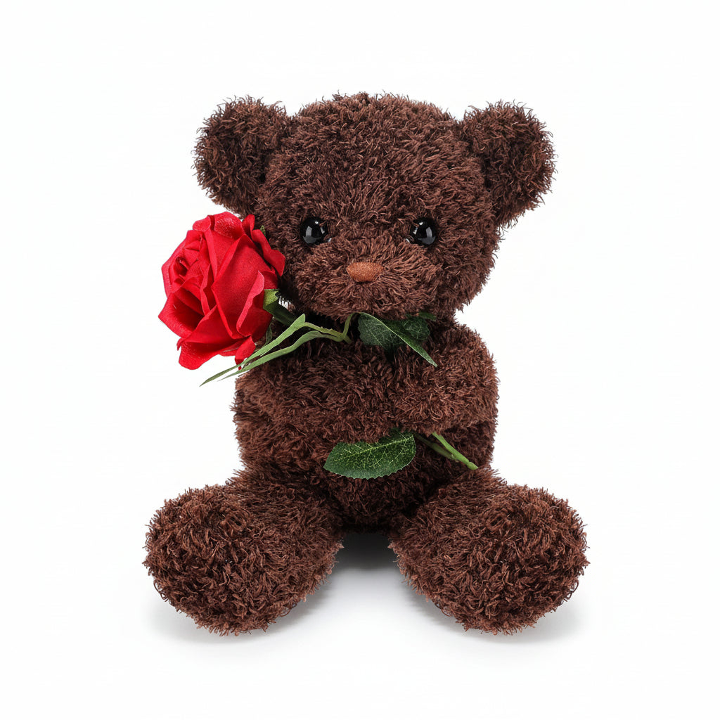 Plush Teddy Bear Holding Rose Soft Stuffed Animal Valentine's Day Gift Bear Washable Cuddly Toy for Kids and Anniversaries