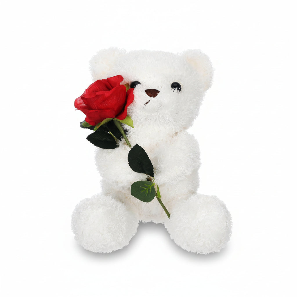 Plush Teddy Bear Holding Rose Soft Stuffed Animal Valentine's Day Gift Bear Washable Cuddly Toy for Kids and Anniversaries