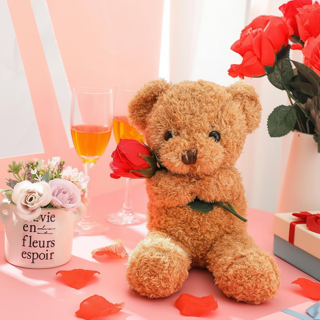 Plush Teddy Bear Holding Rose Soft Stuffed Animal Valentine's Day Gift Bear Washable Cuddly Toy for Kids and Anniversaries