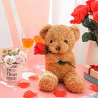 Plush Teddy Bear Holding Rose Soft Stuffed Animal Valentine's Day Gift Bear Washable Cuddly Toy for Kids and Anniversaries