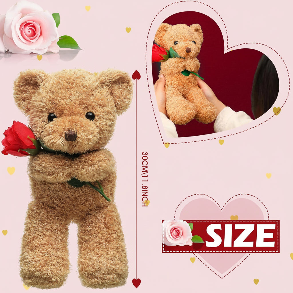 Plush Teddy Bear Holding Rose Soft Stuffed Animal Valentine's Day Gift Bear Washable Cuddly Toy for Kids and Anniversaries
