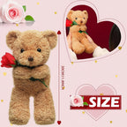 Plush Teddy Bear Holding Rose Soft Stuffed Animal Valentine's Day Gift Bear Washable Cuddly Toy for Kids and Anniversaries