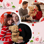 Plush Teddy Bear Holding Rose Soft Stuffed Animal Valentine's Day Gift Bear Washable Cuddly Toy for Kids and Anniversaries