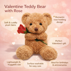 Plush Teddy Bear Holding Rose Soft Stuffed Animal Valentine's Day Gift Bear Washable Cuddly Toy for Kids and Anniversaries