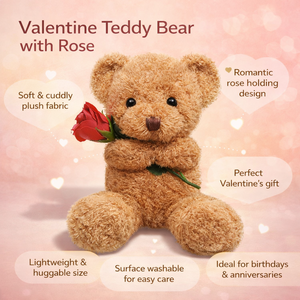 Plush Teddy Bear Holding Rose Soft Stuffed Animal Valentine's Day Gift Bear Washable Cuddly Toy for Kids and Anniversaries
