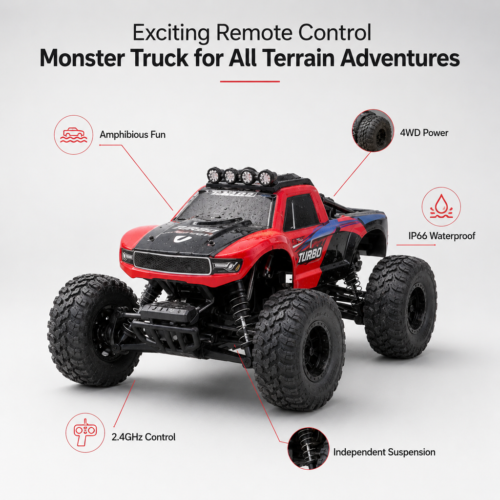 Amphibious Remote Control Monster Truck All Terrain Waterproof Four Wheel Drive RC Car Rechargeable Off-Road Toy Truck for Kids
