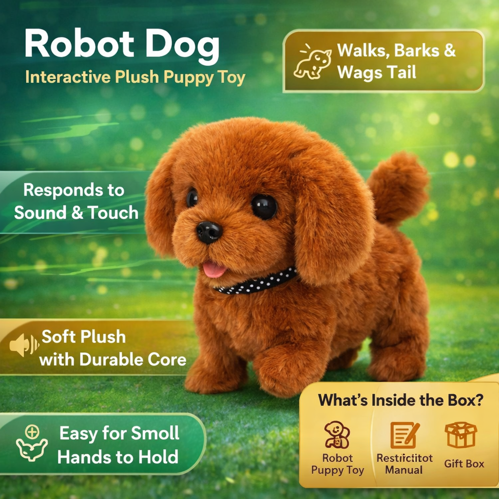 Interactive Robot Puppy Plush Toy Walking Barking Sitting Electronic Dog with Tail Wagging Sound and Touch Activated for Kids
