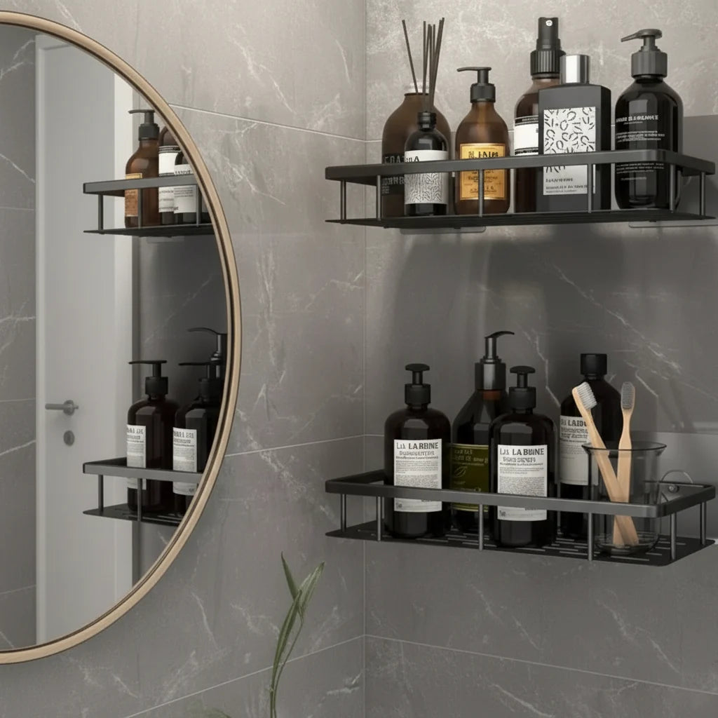 Adhesive Bathroom Shelf No-Drill Wall Mounted Shower Caddy Stainless Steel and ABS Storage Rack for Shampoo and Toiletries