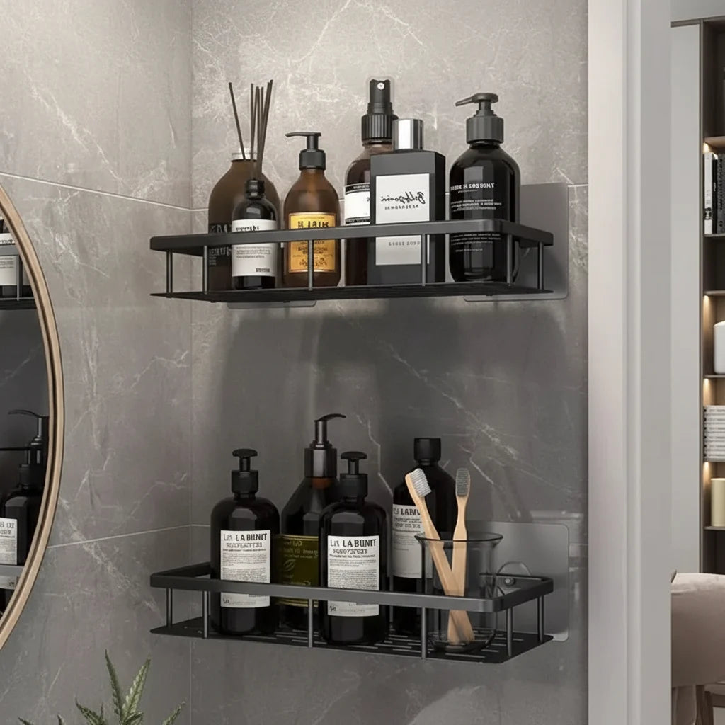 Adhesive Bathroom Shelf No-Drill Wall Mounted Shower Caddy Stainless Steel and ABS Storage Rack for Shampoo and Toiletries