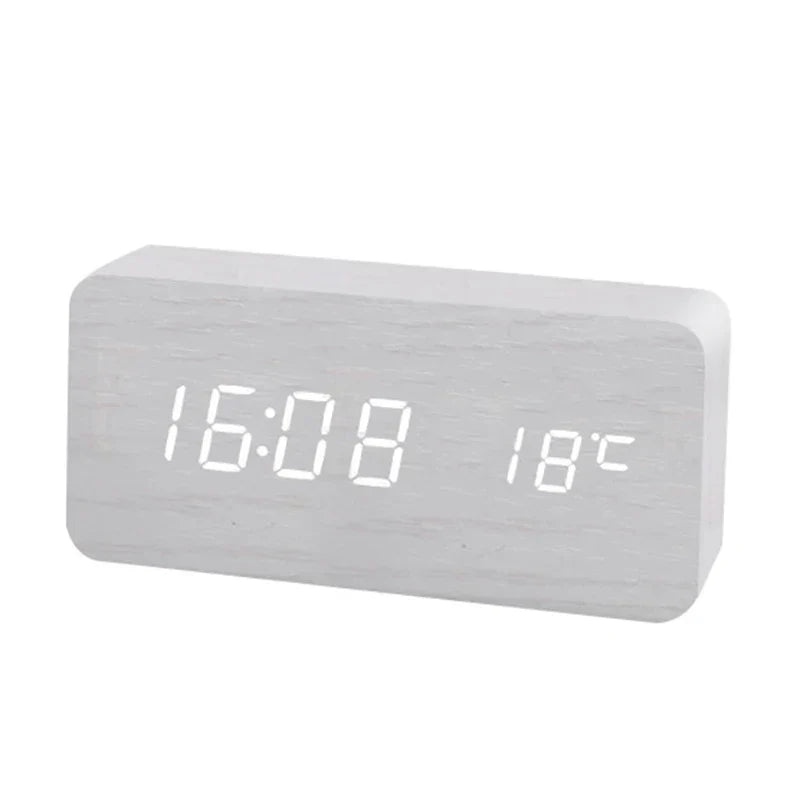 Digital Wooden Alarm Clock with LED Display Silent Non-Ticking Bedside Desk Clock Modern Wood Design