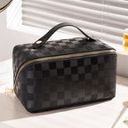 PU Leather Makeup Bag Large Capacity Checkered Cosmetic Travel Organizer with Top Handle and Multiple Compartments