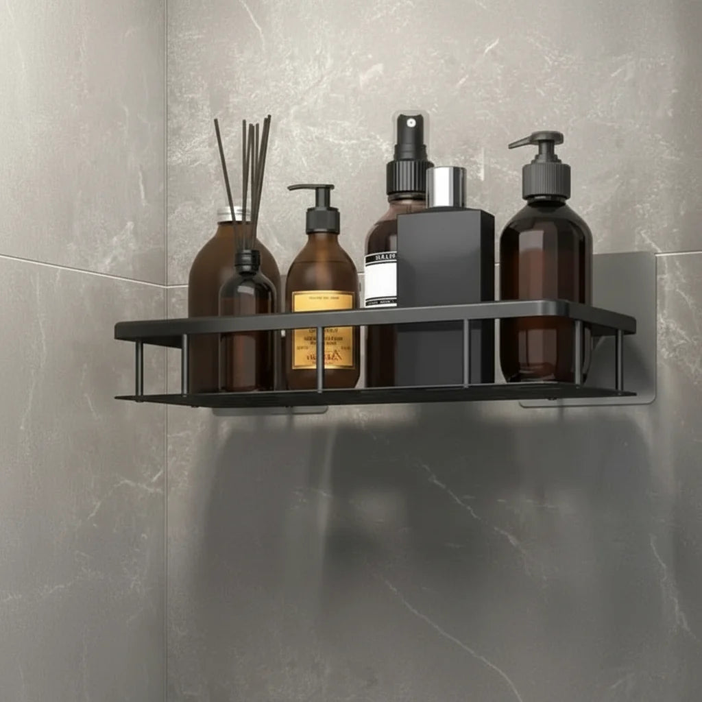 Adhesive Bathroom Shelf No-Drill Wall Mounted Shower Caddy Stainless Steel and ABS Storage Rack for Shampoo and Toiletries