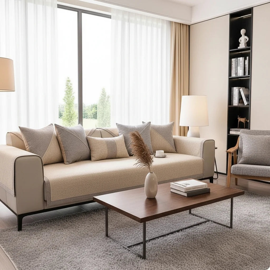 Non-Slip Cotton Linen Sofa Cover Breathable Quilted Couch Seat and Armrest Protector for All Seasons