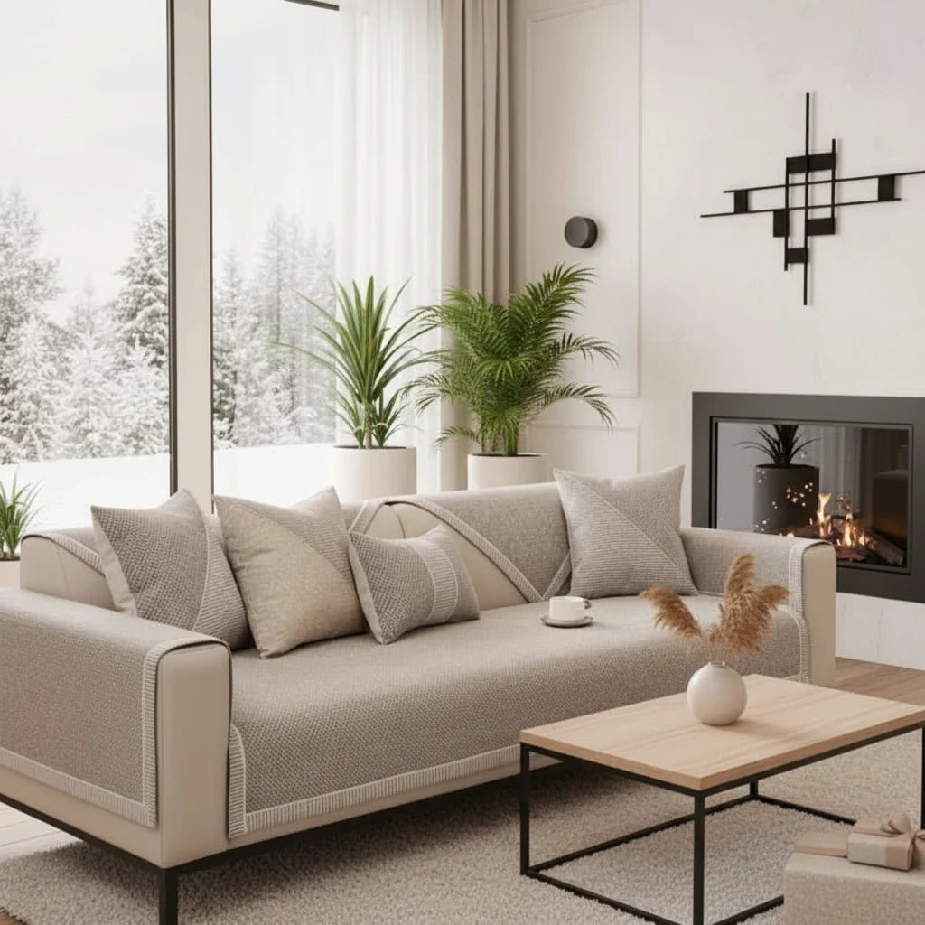Non-Slip Cotton Linen Sofa Cover Breathable Quilted Couch Seat and Armrest Protector for All Seasons
