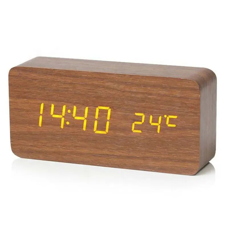 Digital Wooden Alarm Clock with LED Display Silent Non-Ticking Bedside Desk Clock Modern Wood Design