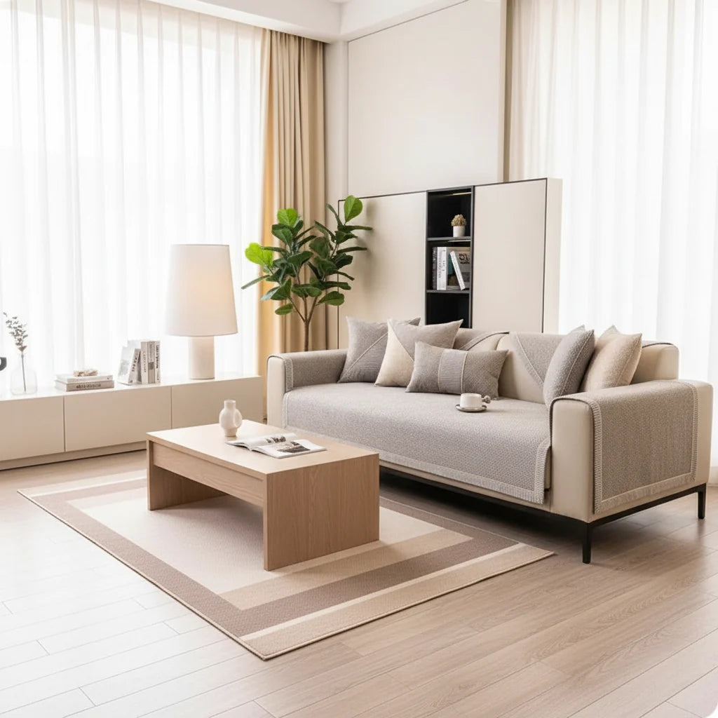 Non-Slip Cotton Linen Sofa Cover Breathable Quilted Couch Seat and Armrest Protector for All Seasons