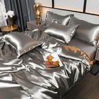 Satin Duvet Cover Set Silky Polyester Bedding Set with Flat Sheet and Pillowcases Wrinkle-Resistant Smooth Bed Linen for All Seasons