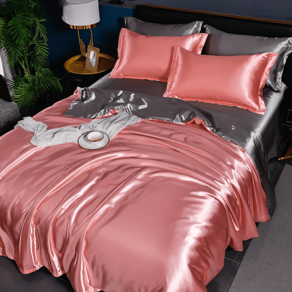 Satin Duvet Cover Set Silky Polyester Bedding Set with Flat Sheet and Pillowcases Wrinkle-Resistant Smooth Bed Linen for All Seasons