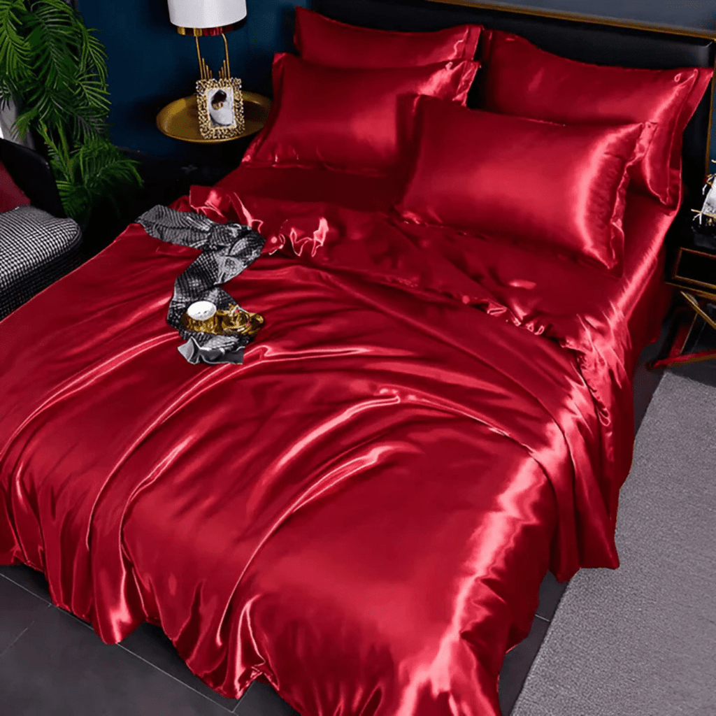 Satin Duvet Cover Set Silky Polyester Bedding Set with Flat Sheet and Pillowcases Wrinkle-Resistant Smooth Bed Linen for All Seasons