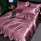 Satin Duvet Cover Set Silky Polyester Bedding Set with Flat Sheet and Pillowcases Wrinkle-Resistant Smooth Bed Linen for All Seasons
