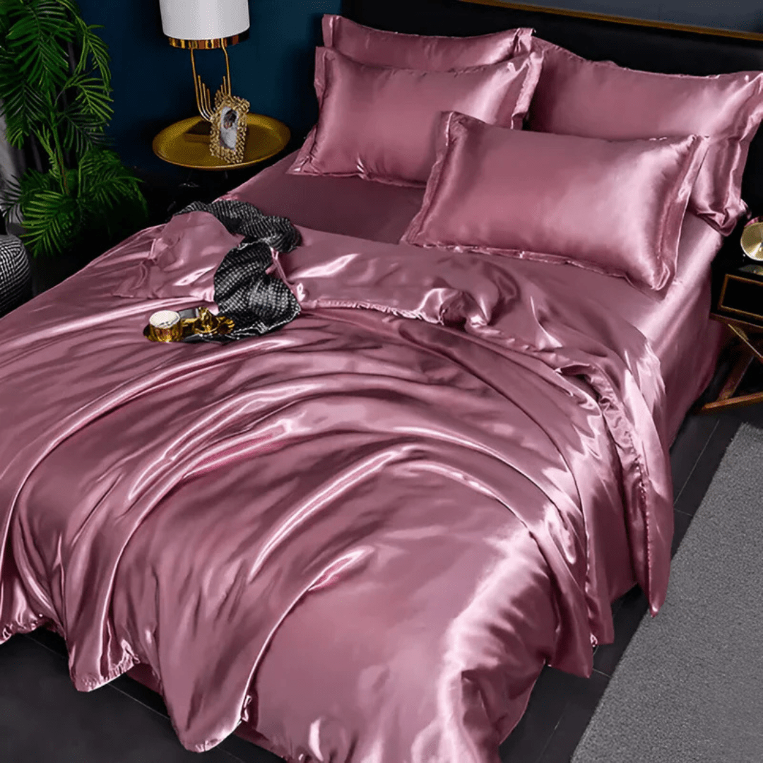 Satin Duvet Cover Set Silky Polyester Bedding Set with Flat Sheet and Pillowcases Wrinkle-Resistant Smooth Bed Linen for All Seasons